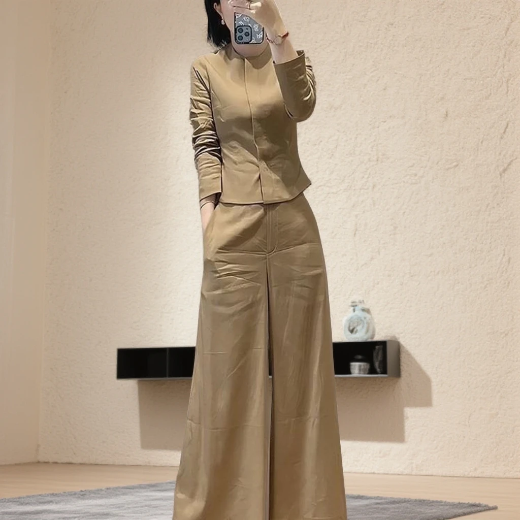 立赐大方得体巨好看高端气质小香风穿搭一整套掐腰卡其色上衣套装