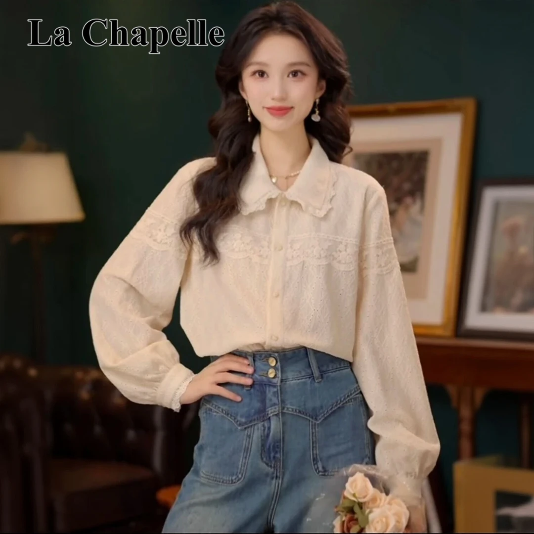 拉夏贝尔韩系复古娃娃领长袖衬衫女秋冬新款时尚休闲百搭宽松上衣