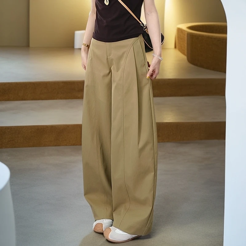 贝斯裤女~潮流侧压褶阔腿裤2025年秋季新款宽松阔腿裤卡其色女裤