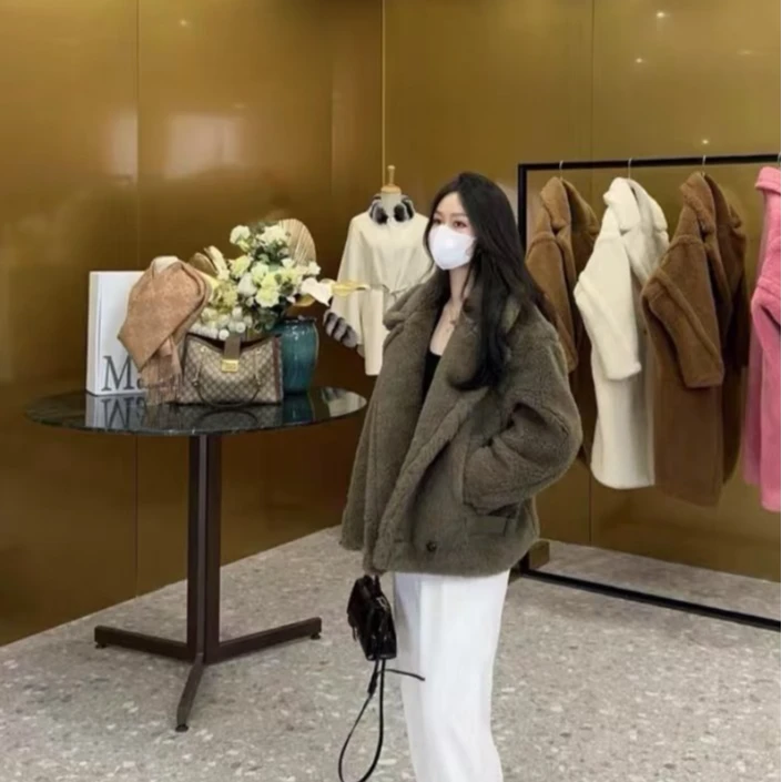 99新 MaxMara H13508 Teddy系列 军绿色泰迪羊驼毛短款大衣38 S