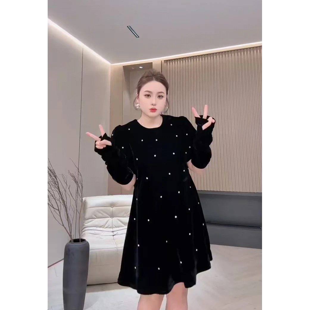 秋冬新款气质优雅小女人丝绒打底连衣裙套袖套名媛公主风短裙8256