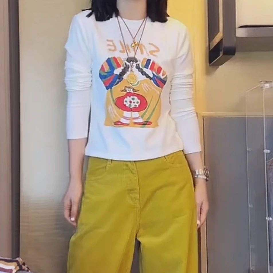 设计感油画女孩卡通印花长袖T恤女2025秋季新款时尚休闲圆领上衣