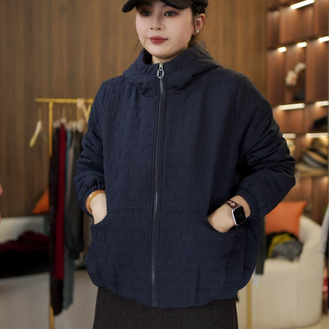 加棉带帽短款外套中老年女性秋冬季时尚连帽休闲大码棉服