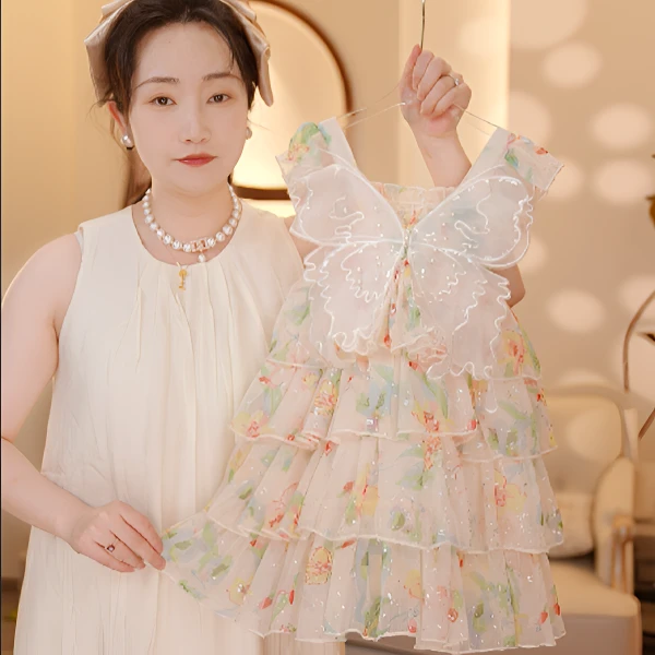 【现货】【Y.n6330】25夏新款女童蝴蝶结公主裙女宝泡泡袖洋气连衣裙