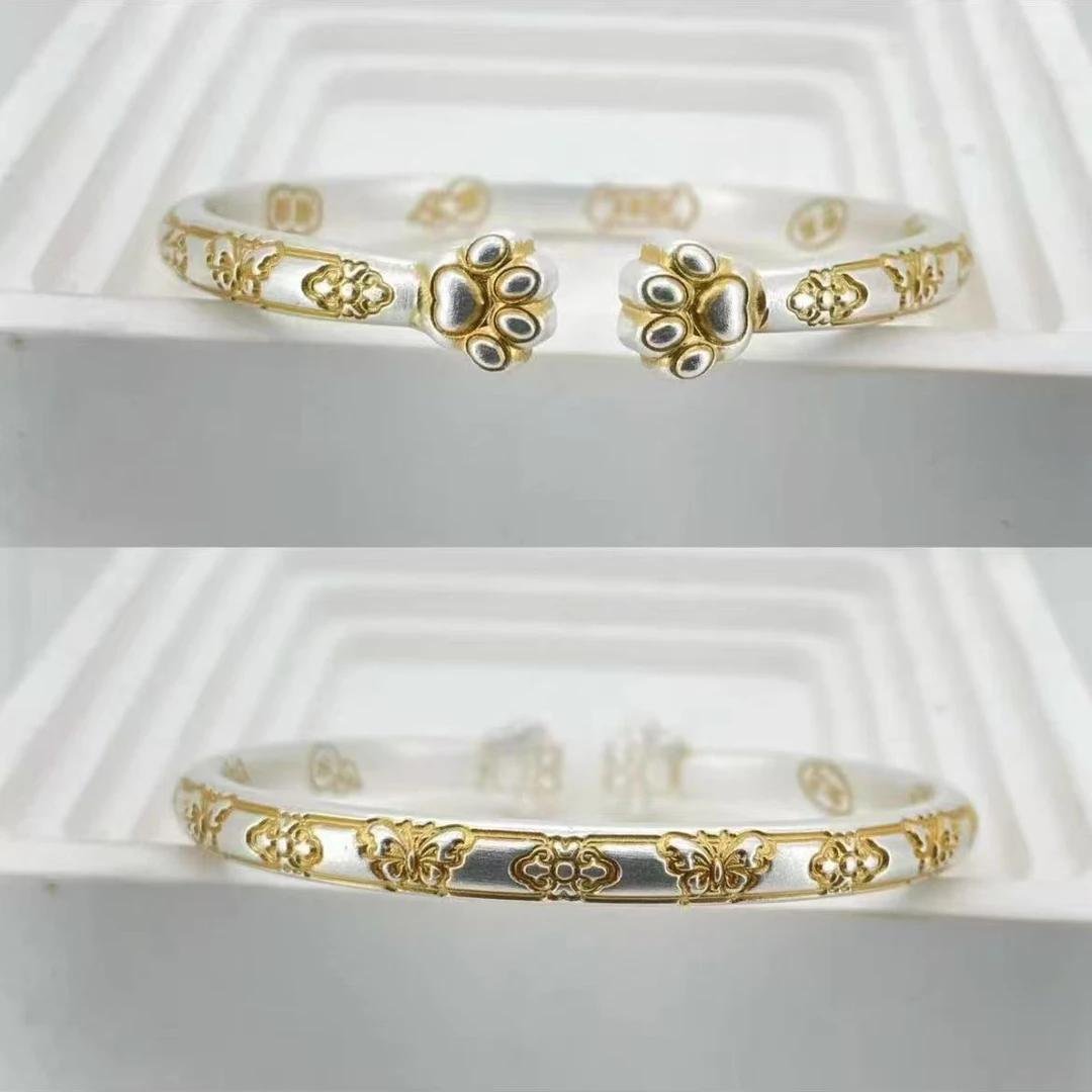 友执 足银手镯 足银999.9描金吉言蝴蝶猫爪开口镯金色首饰