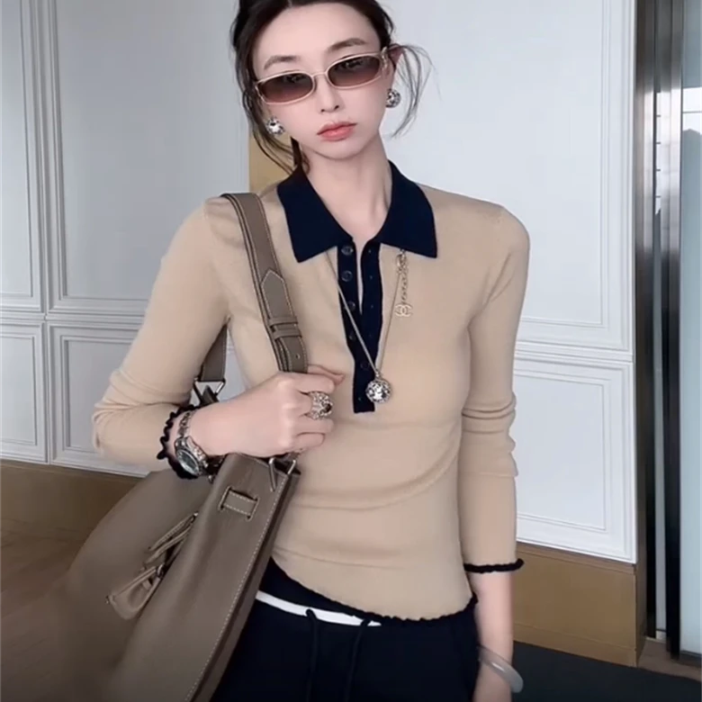 温柔小众polo领正肩针织衫女2025早秋新款时尚洋气修身显瘦上衣潮