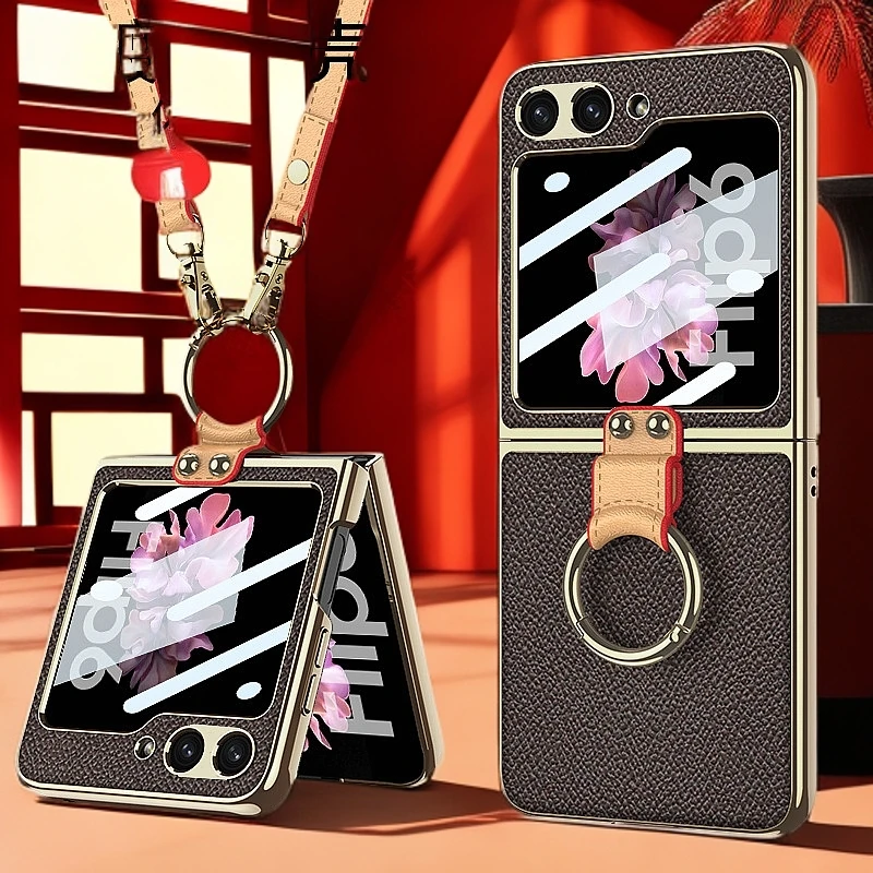 适用三星flip6电镀背带手机壳奢华指环支架高档时尚Zflip6素皮套