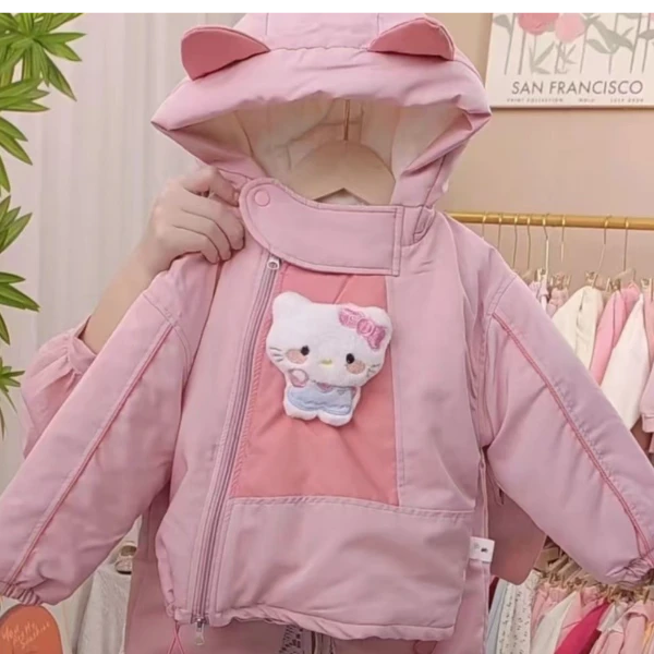 女童冬季加绒加厚立体kt猫冲锋衣套装