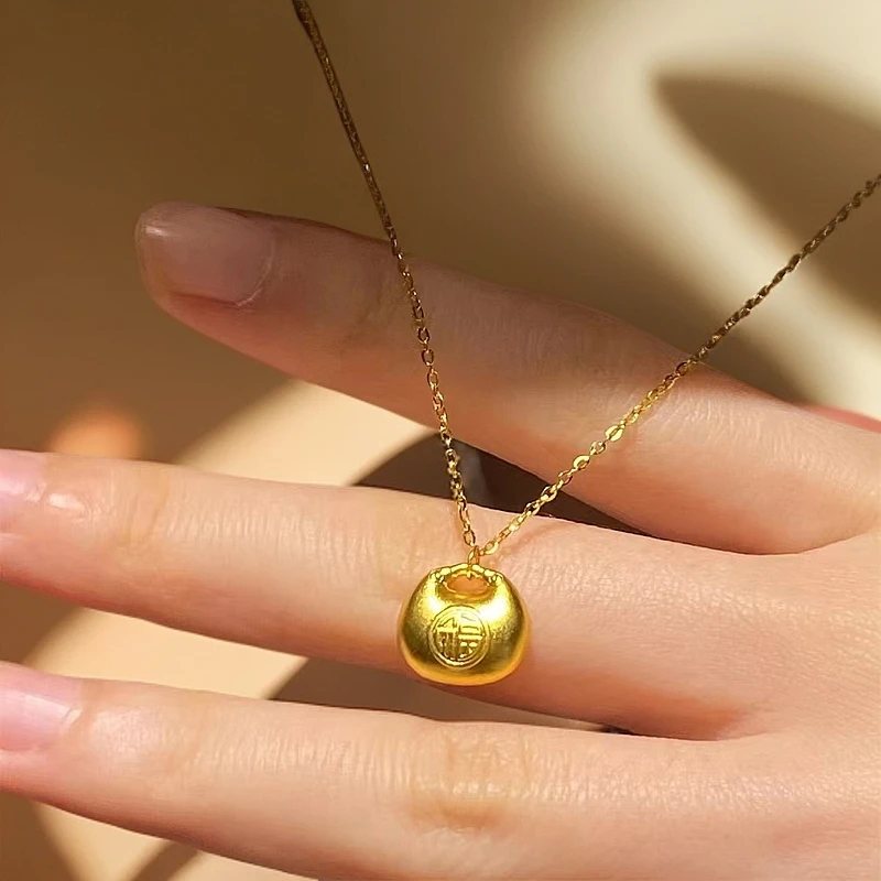 钛钢项链 大气小坨胖福元宝项链女金墩墩祥云福袋金坨吊坠锁