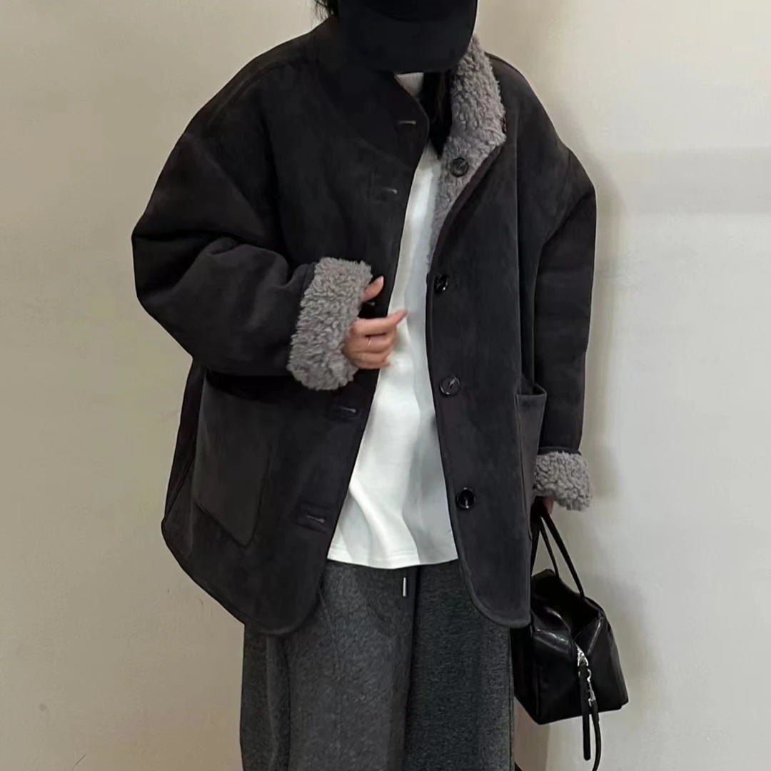 7199冬季双面穿羊羔毛外套休闲百搭复古宽松极简大版时尚加厚保暖