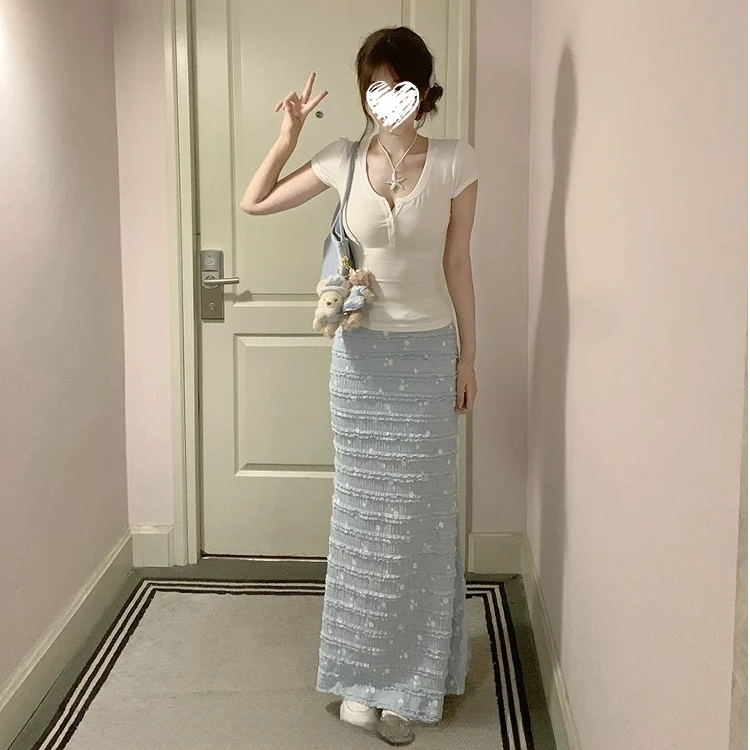 层次感木耳边半身裙长款包臀蛋糕裙  80360