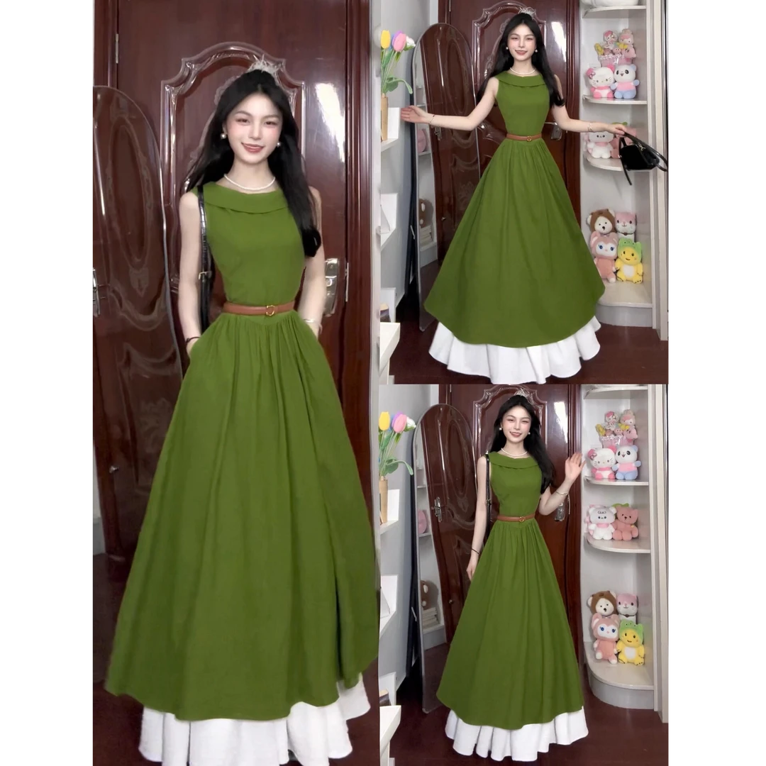MARIE.COCO法式绿色连衣裙收腰显瘦绝美无袖长裙搭配半身裙套装