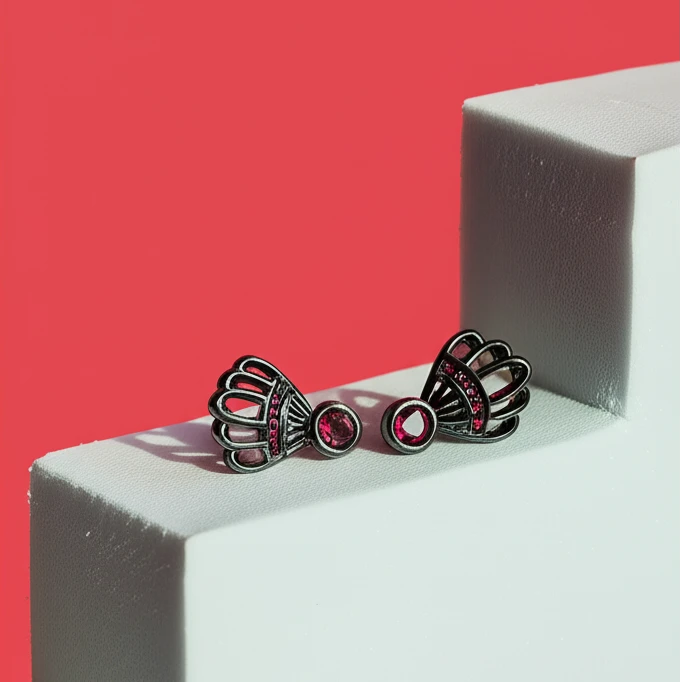 papiba 925银合成锆石耳饰 暗黑火焰纯银镀金羽毛球耳钉Plus