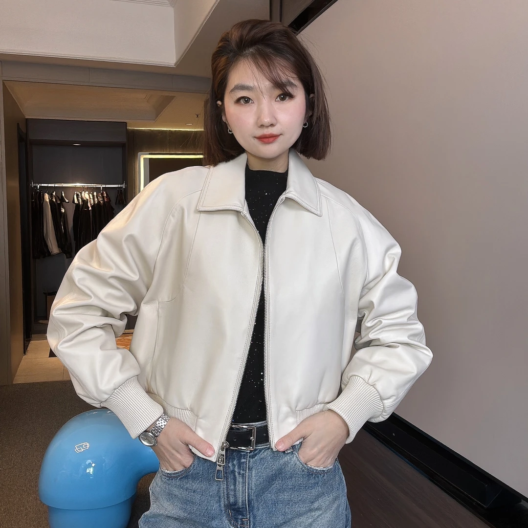 WSSJL2519真皮皮衣女短款绵羊皮机车方领皮夹克松紧边螺纹外套