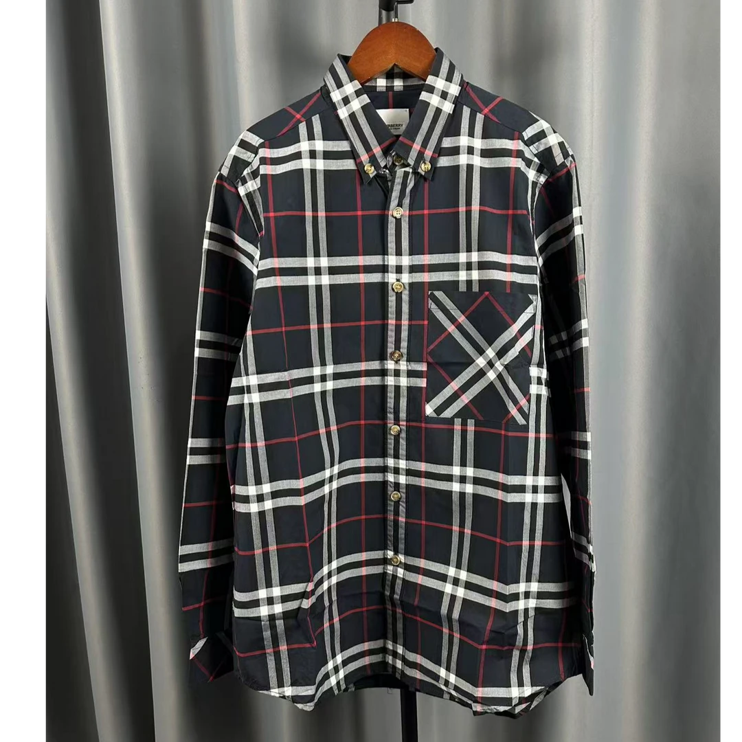 男士拼色格纹翻领长袖衬衫休闲百搭衬衣春秋款