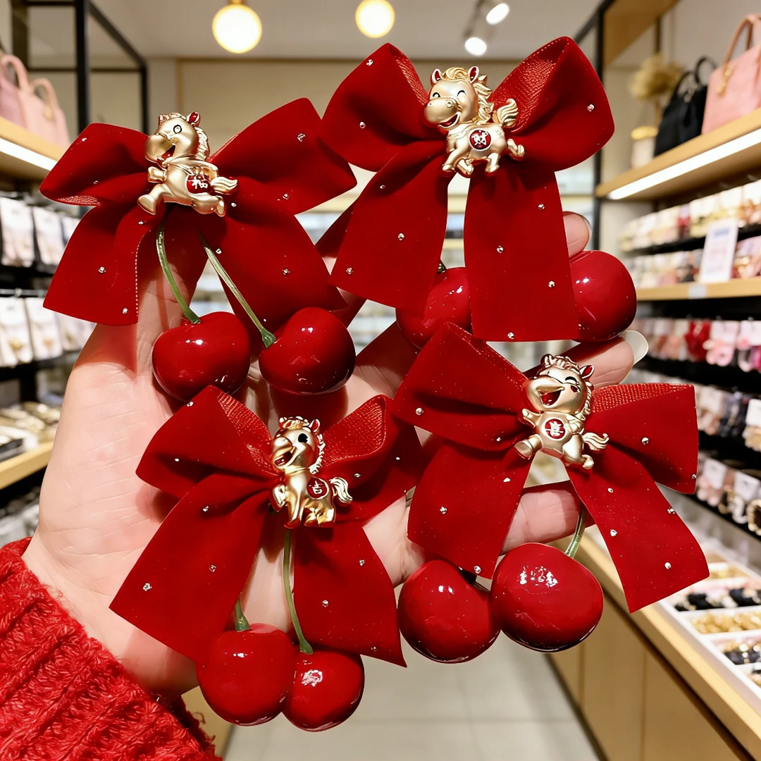 红色樱桃金属小马蝴蝶结发夹2026马年新款发卡刘海侧边夹新年发饰