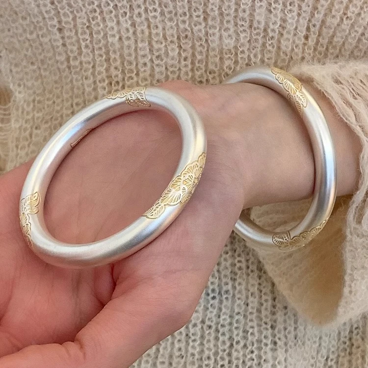 足银手镯 足银999金花叶手镯女高级感新中式国风纯银繁花镯子首饰