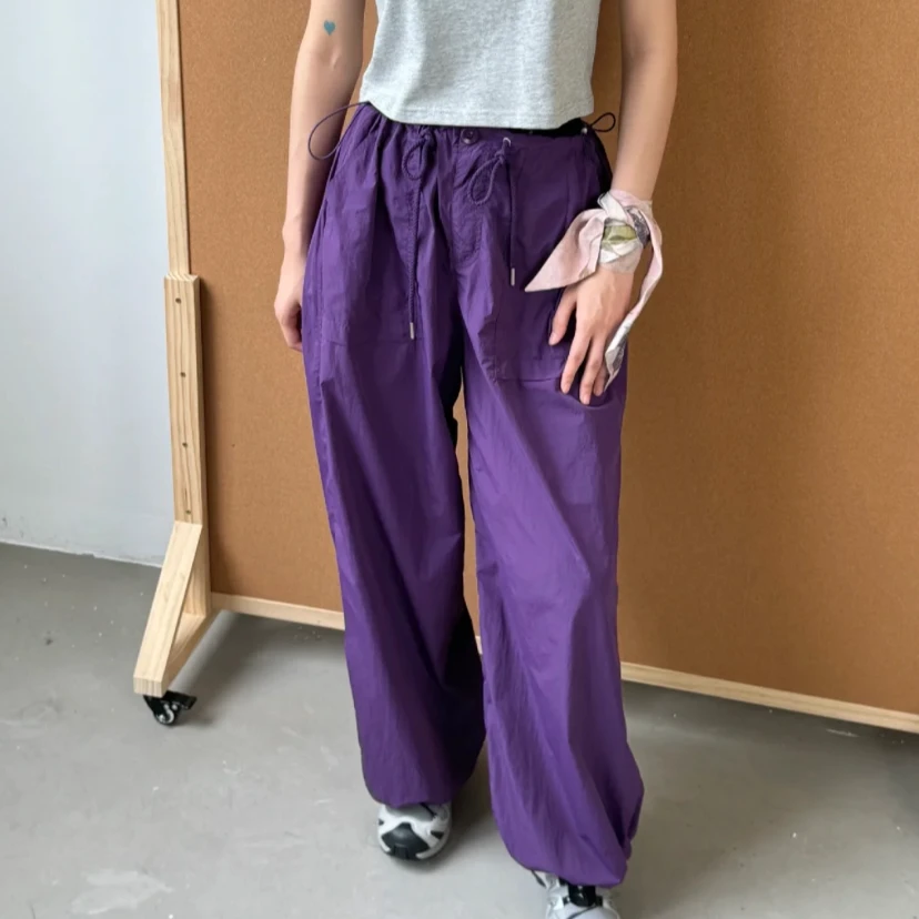 美式街头口袋工装裤夏季女士休闲透气户外登山抽绳降落伞裤