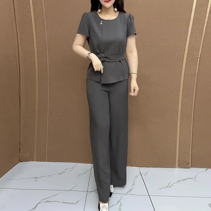 夏季宽松纯色复古短袖上衣加直筒裤套装新中式妈妈减龄收腰两件套
