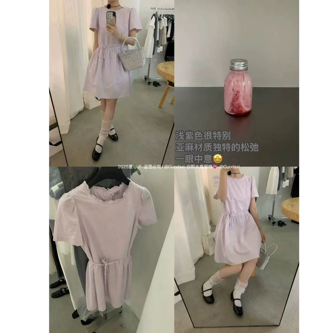韩国裙子女款简约紫色圆领短袖连衣裙女夏2025新款