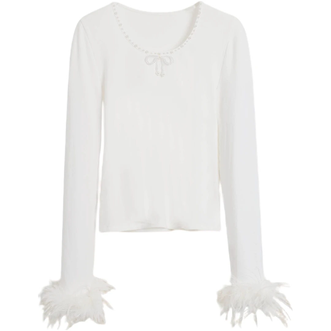 秋冬新款洋气钉珠拼接毛毛袖打底衫女装上衣OK6129