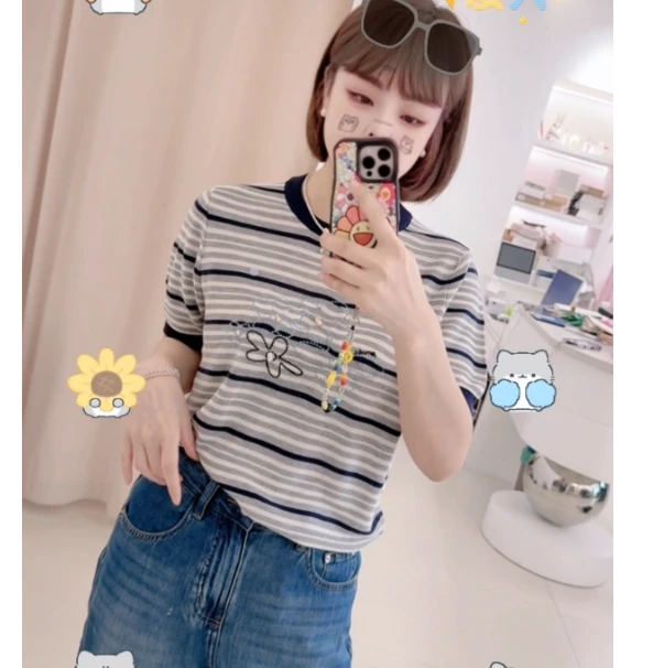 夏季新款韩版时尚显瘦百搭钉珠条纹针织上衣