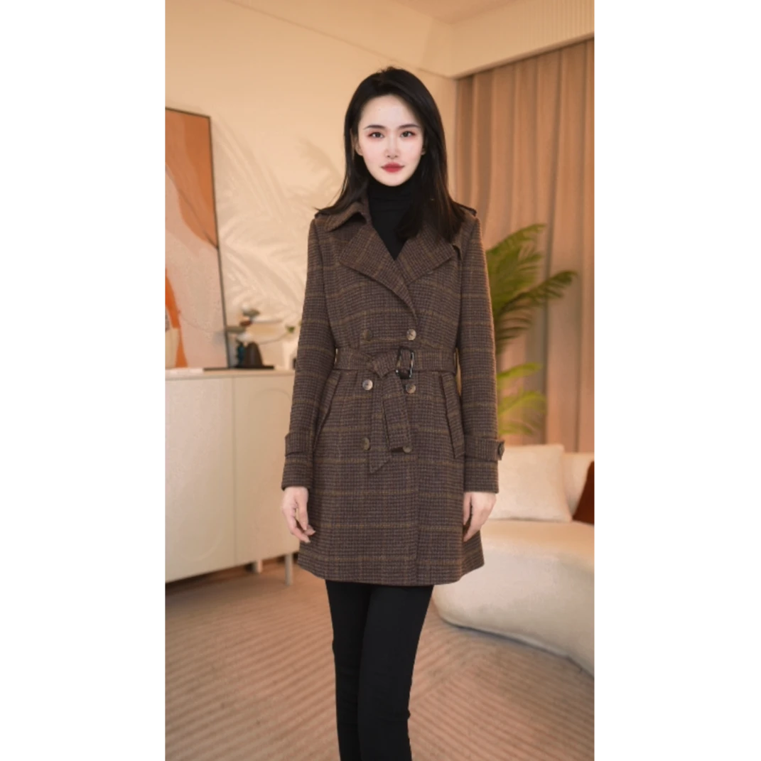 格纹羊毛气质时尚复古收腰外套25A025