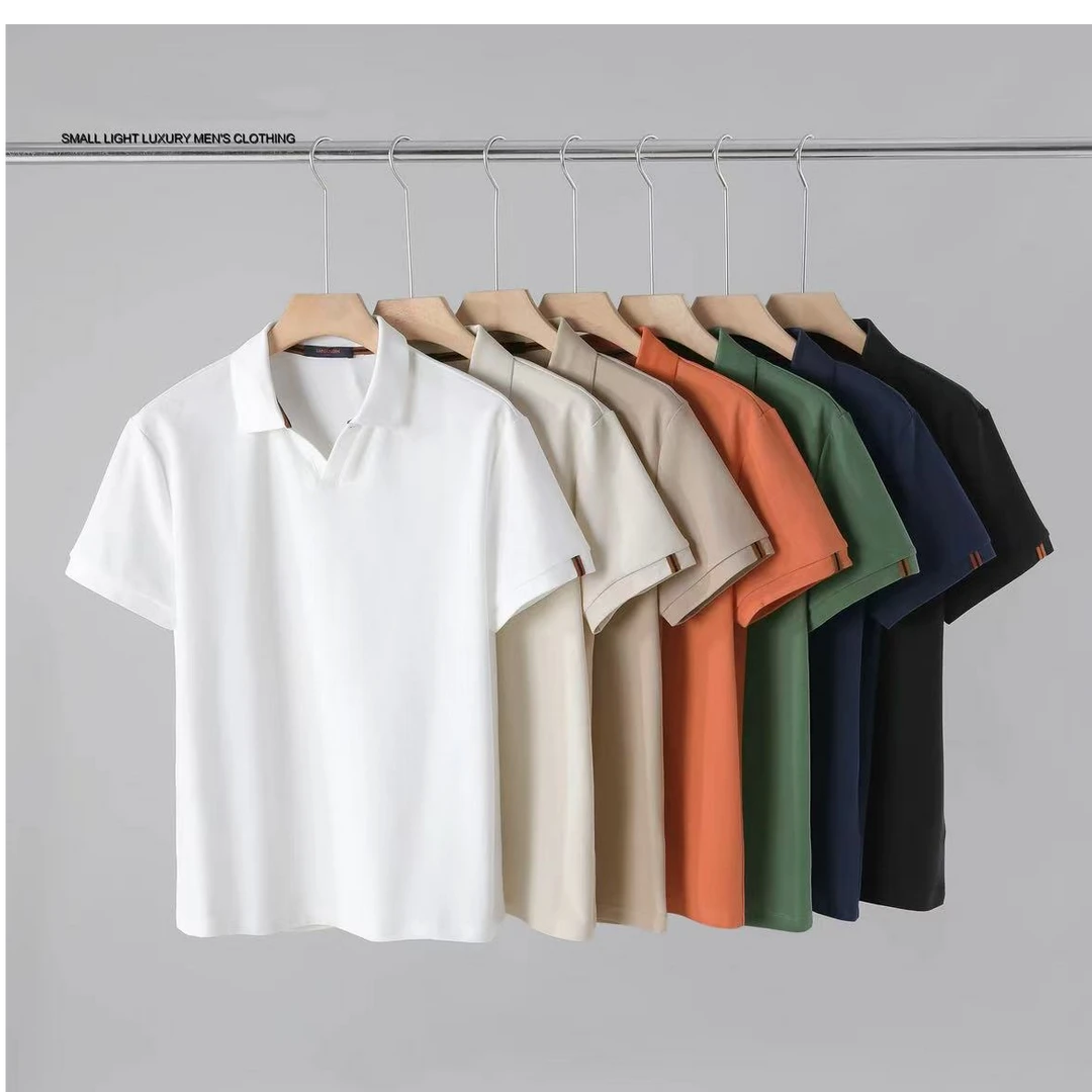 男夏季轻熟风袖口撞色小标小v领POLO衫简约纯色百搭休闲翻领上衣