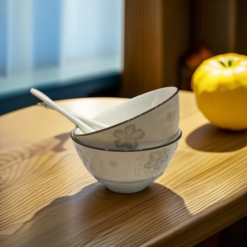 精致陶瓷釉下彩餐具4.5英寸2碗2勺日式米饭碗高级感