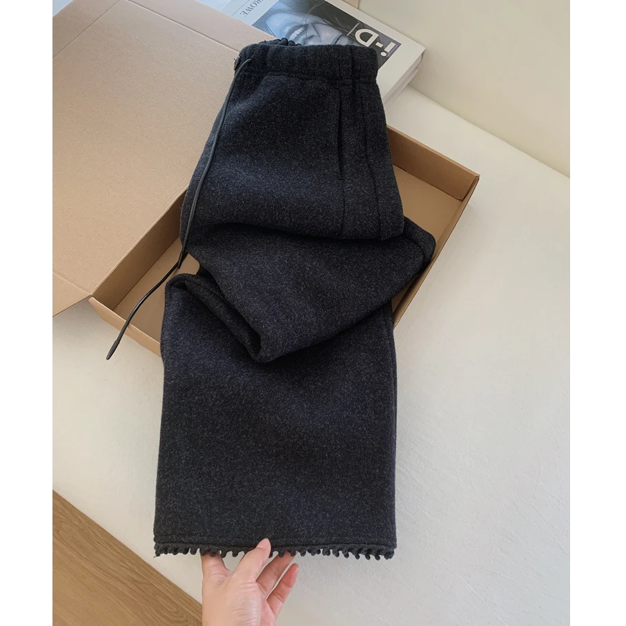 深灰色花边加绒休闲裤2025秋冬新款梨形小个子显瘦保暖毛呢奶奶裤