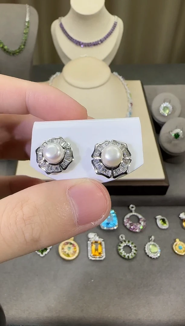 银S925镶嵌耳饰淡水珍珠8mm耳钉简约款