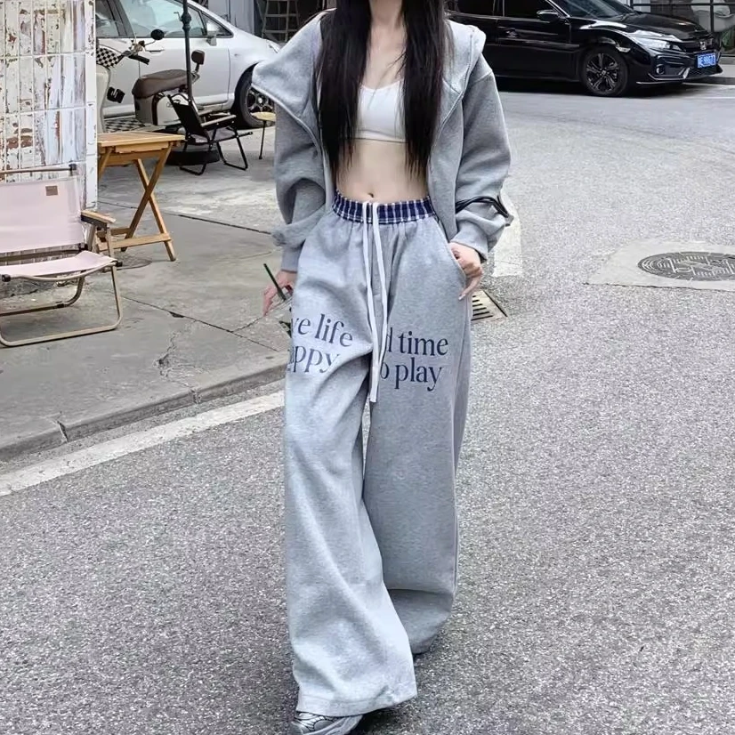 美式复古腰头拼接抽绳休闲卫裤女设计感宽松阔腿直筒裤潮