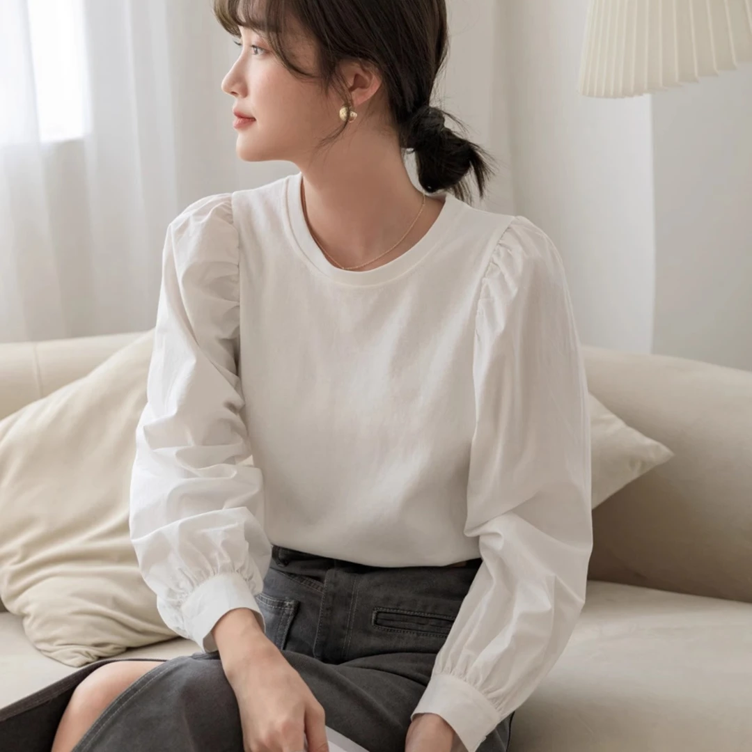 9909泡泡袖衬衫设计感小众2024秋季新款简约气质白色衬衣长袖上衣