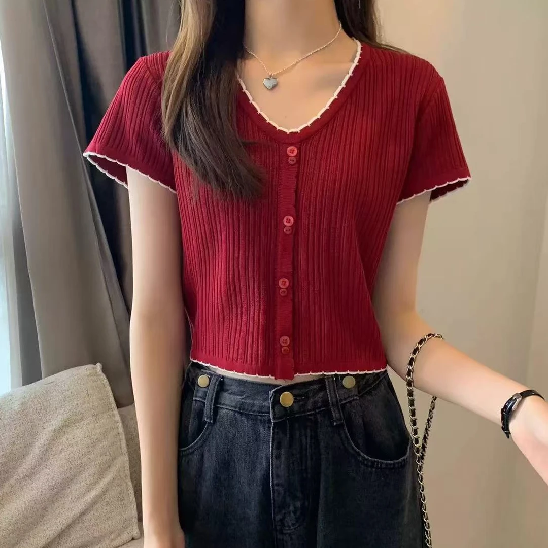 001夏季V领洋气修身短袖显瘦冰丝针织衫