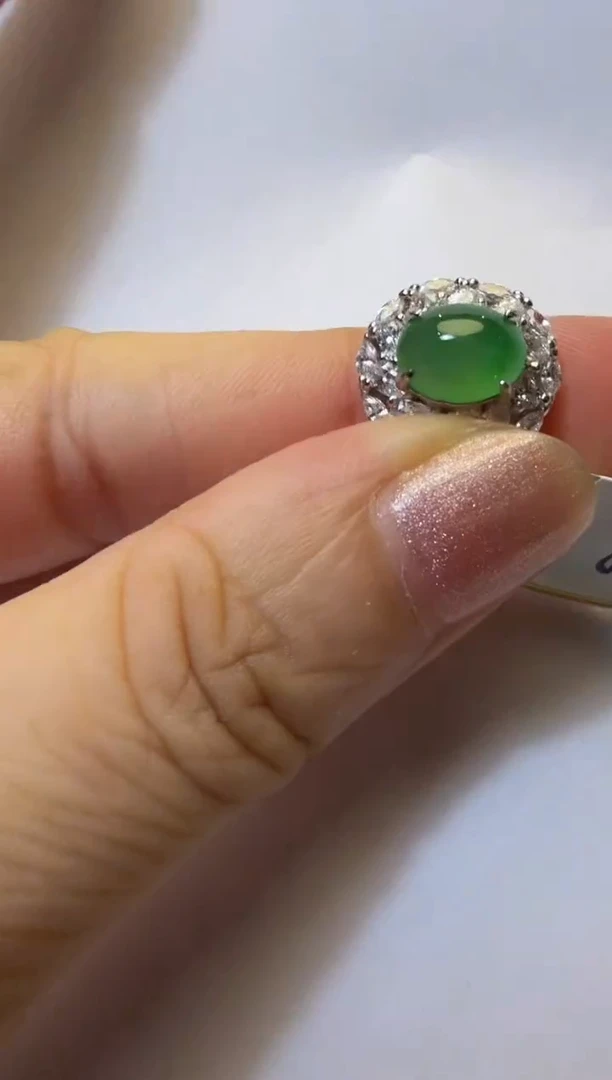 银S925镶嵌戒指翡翠银镶缅翡A货翡翠戒指