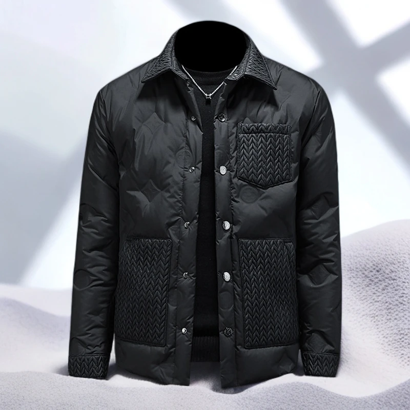 宾斯洛特时尚拼接衬衫领羽绒服男士冬季新款商务休闲白鸭绒外套潮