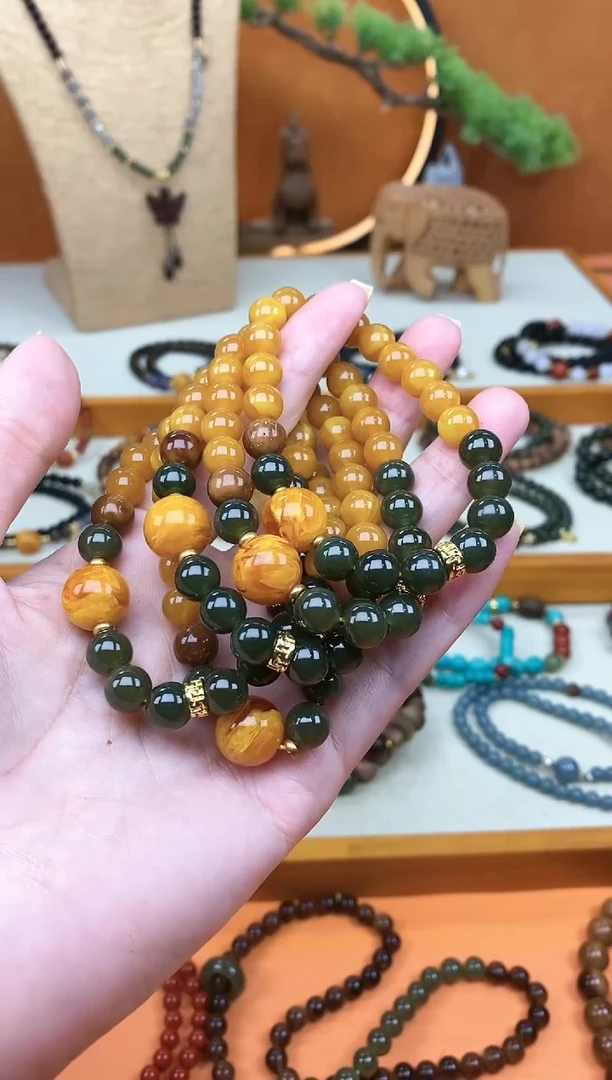 未镶嵌琥珀手链单圈蜜蜡和田菠菜绿手串