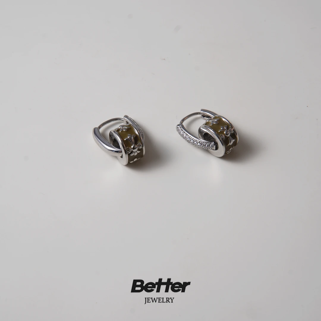 铜合金珐琅耳饰 TC206 墨绿十字架耳扣