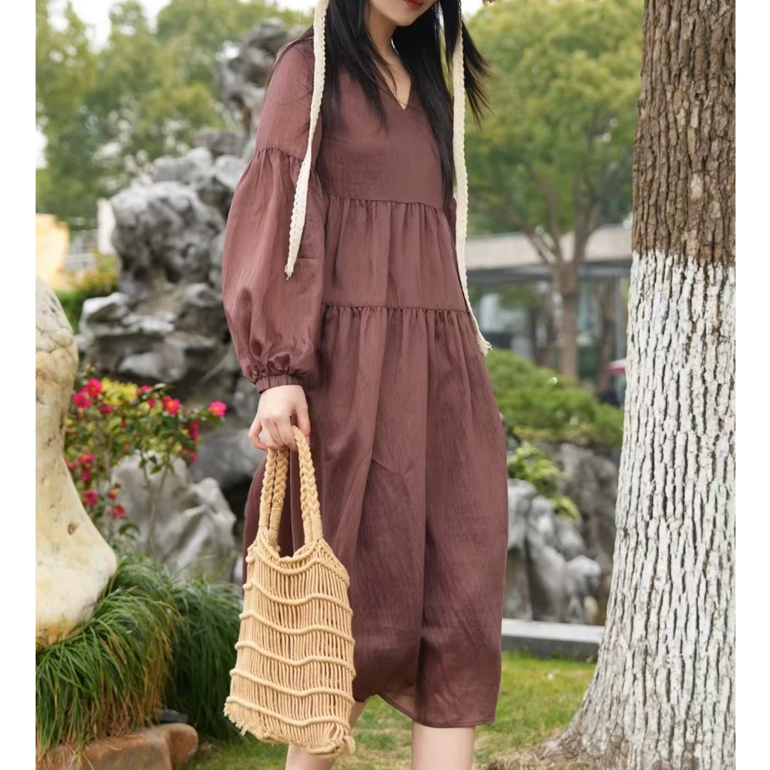 GIRDEAR/哥弟新款简约时尚复古气质V领宽松显瘦连衣裙女1500549