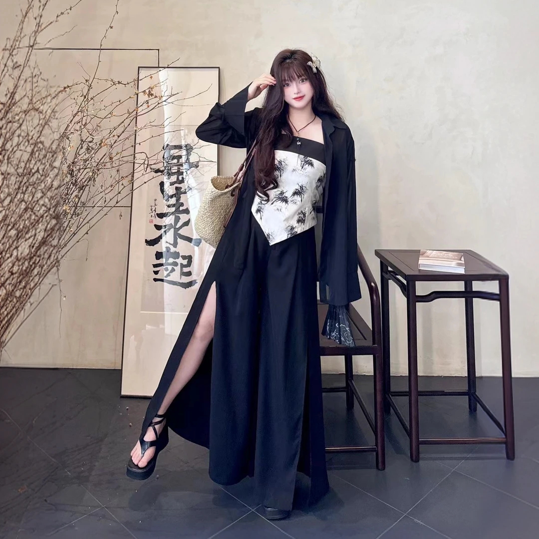 【胖丫丫】夏日欧若新中式大码水墨印花吊带+开叉裤裙+开衫三件套