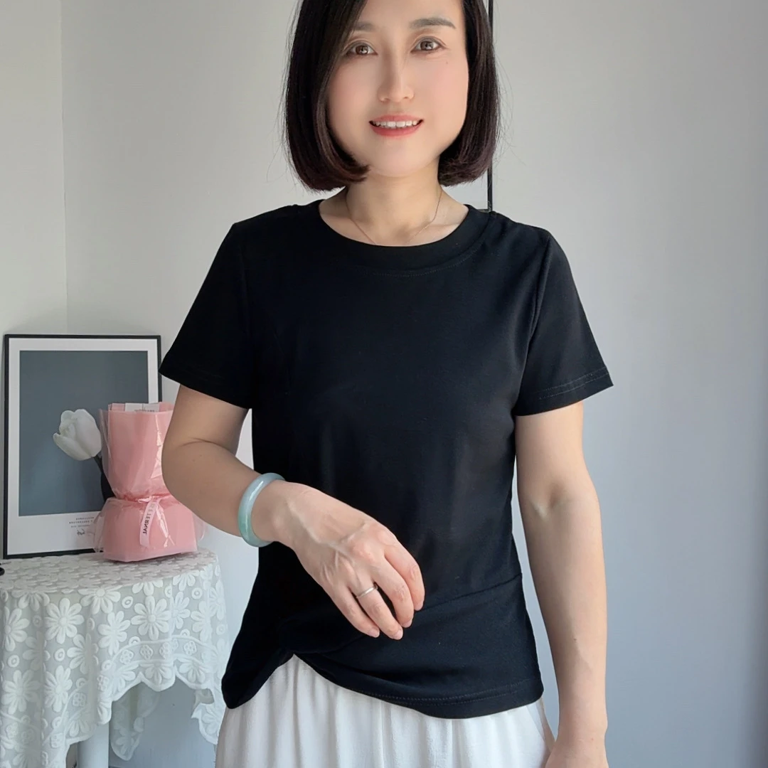 夏季条纹圆领褶皱修身短袖显瘦纯色休闲时尚百搭T恤