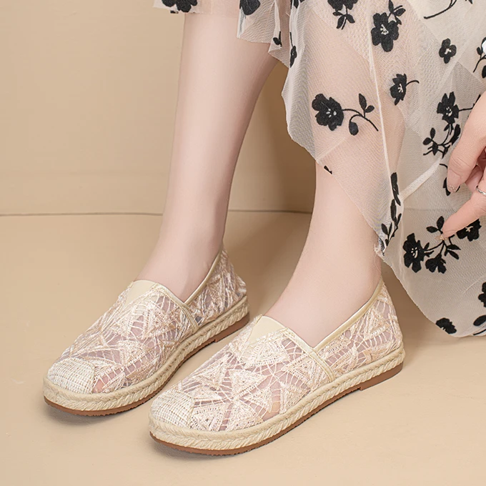 渔夫鞋女2025年新款夏季一脚蹬懒人鞋透气蕾丝网鞋休闲老北京布鞋