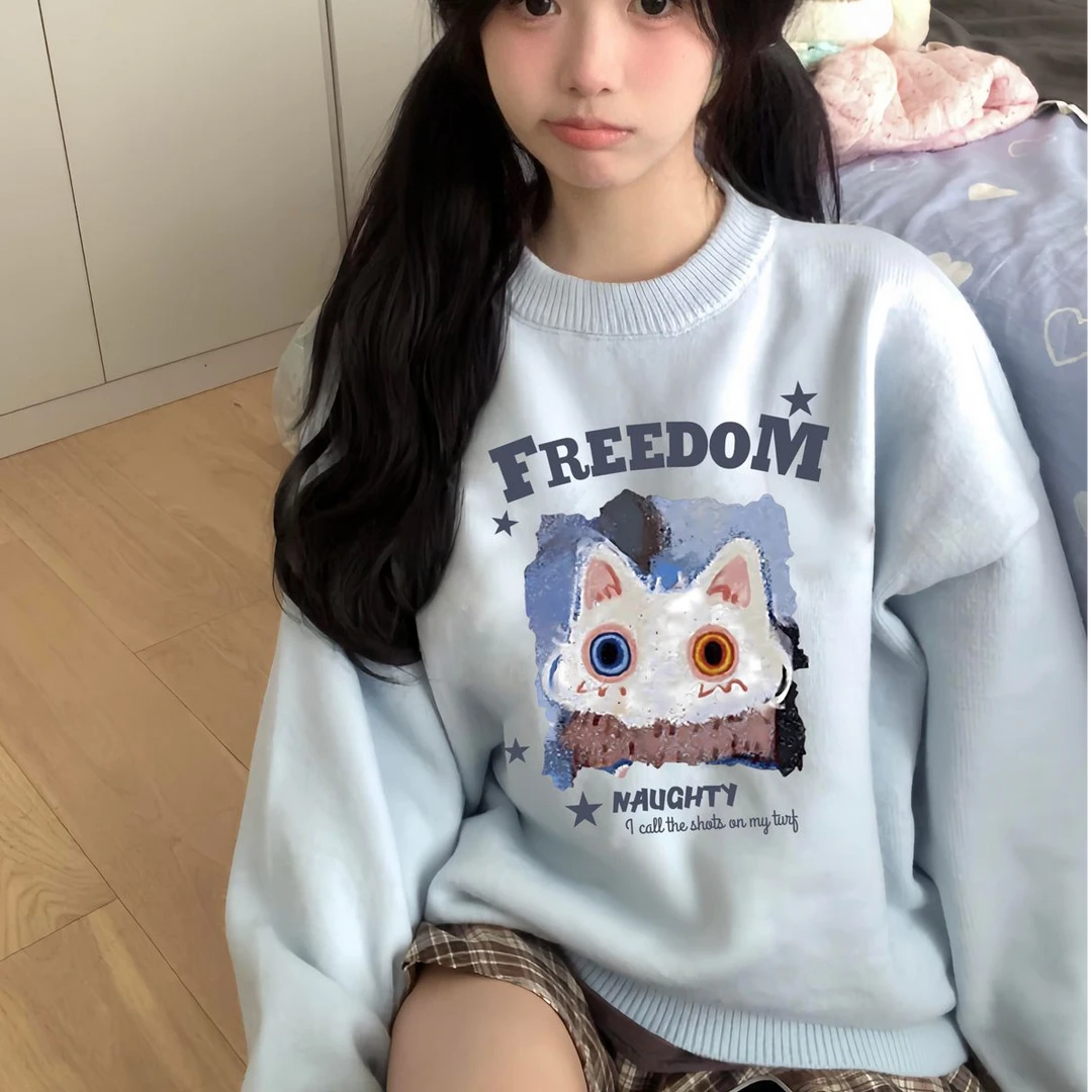 新款蓝色猫咪印花圆领毛衣2025秋冬季慵懒宽松百搭套头针织衫上衣