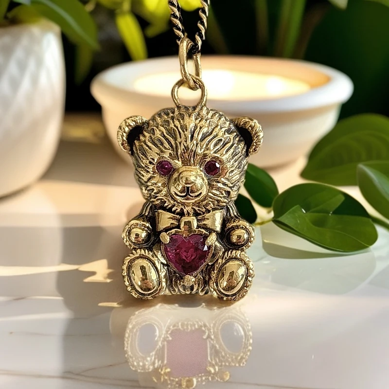 水贝千玺珠宝 爱心小熊 足金999吊坠黄金复古电黑工艺黑金不含链