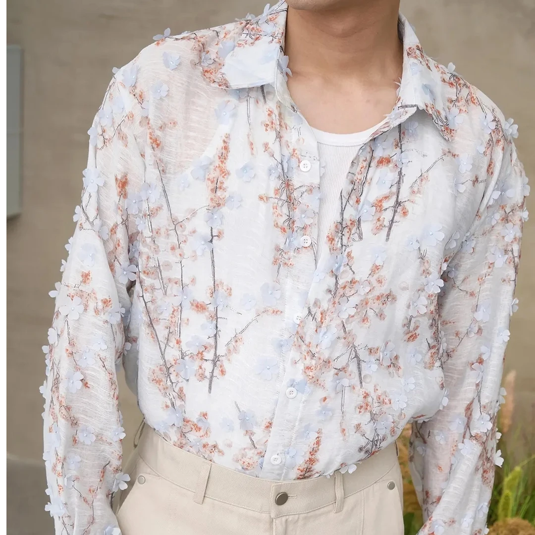 浪漫樱花满树纱织薄透遮阳防晒度假衬衫男女小众设计款凉爽衬衣