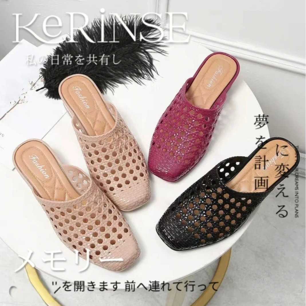 【外贸厡单】时尚外穿高档镂空厚底中跟增高防滑包头半拖鞋