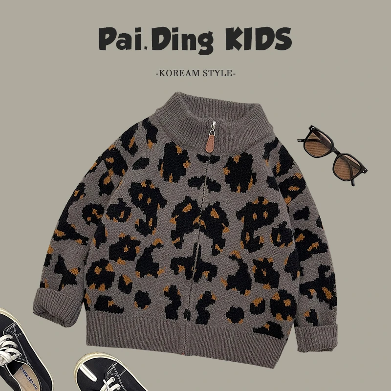 【派町现货】春秋儿童韩版时尚豹纹休闲宽松针织毛衣拉链开衫