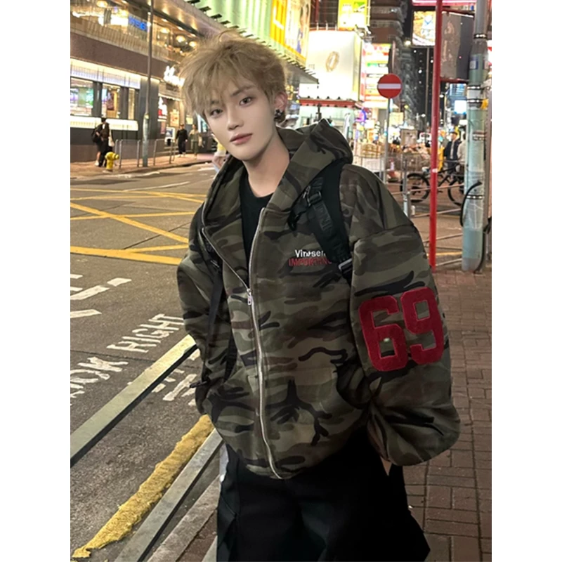 美式复古迷彩开衫连帽卫衣男女秋季重磅oversize宽松潮牌情侣外套