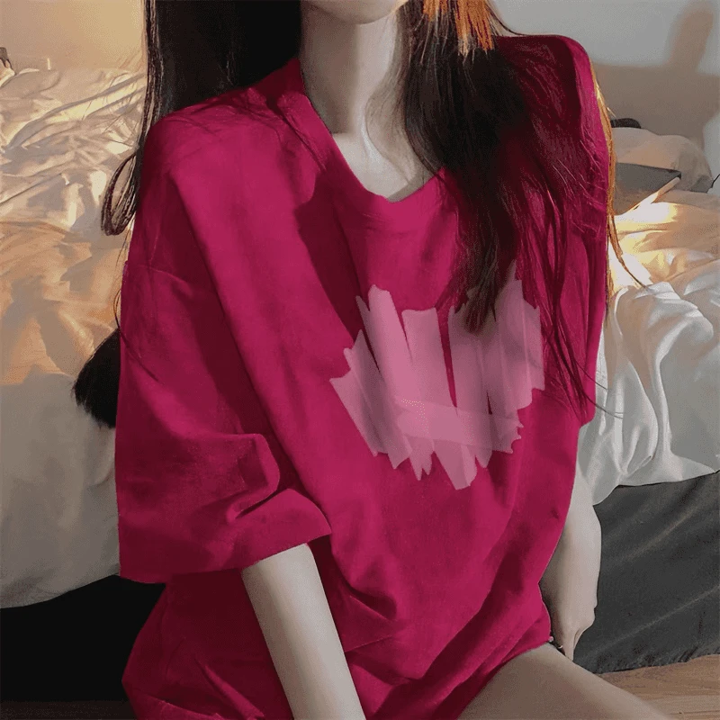 设计感宽松型大码夏装T恤玫红落肩袖短袖不起球小众几何ins半袖T