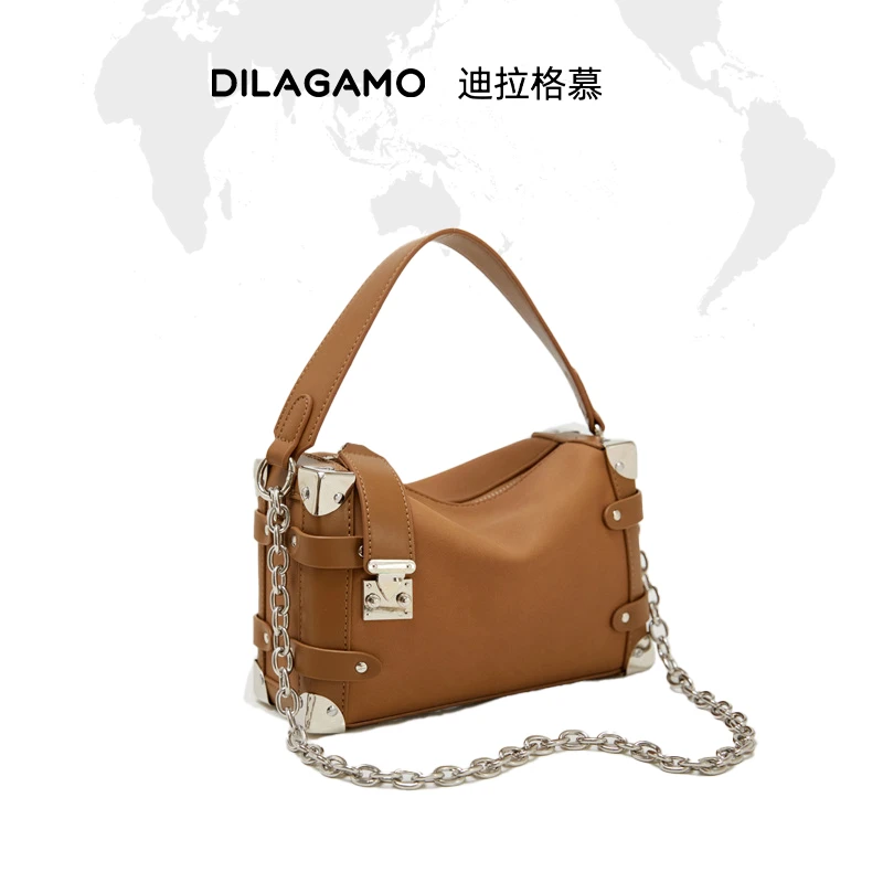 DILAGAMO2025新款小香风链条手拎复古方形软盒子包9227单肩8090女